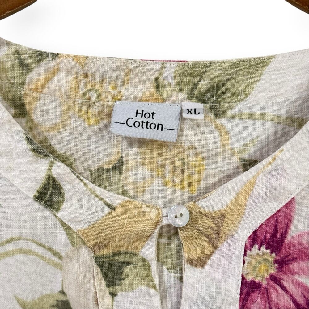 Hot Cotton Vtg Linen Floral Peasant Blouse XL Botanical Cottagecore Romantic - Picture 2 of 9